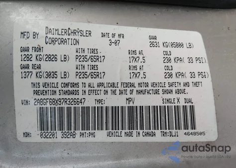 2007 Chrysler Pacifica Touring z USA, uszkodzony, nr VIN 2A8GF68X97R326647